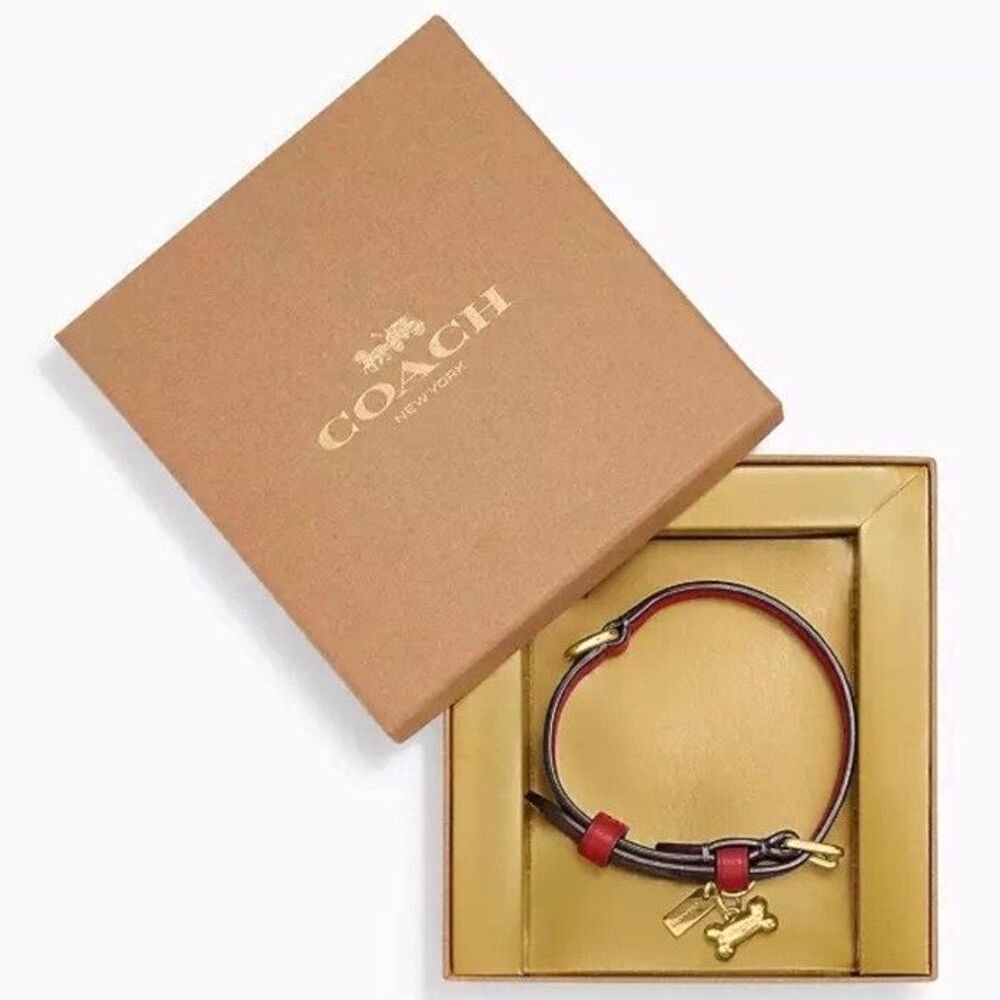 New in Box Sealed Coach Signature Small Dog Collar Gold Charms Red Brown Leather